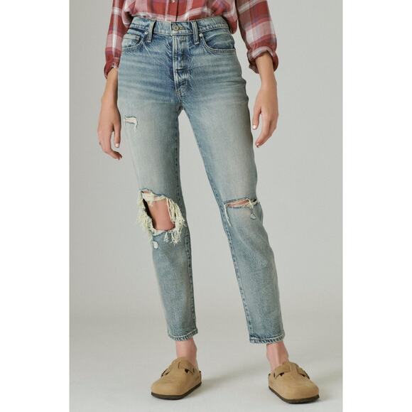 Lucky Brand High Rise Ripped Drew Mom Jean Atmosphere Dest Blue Washed Sz 4/27 - Picture 1 of 7